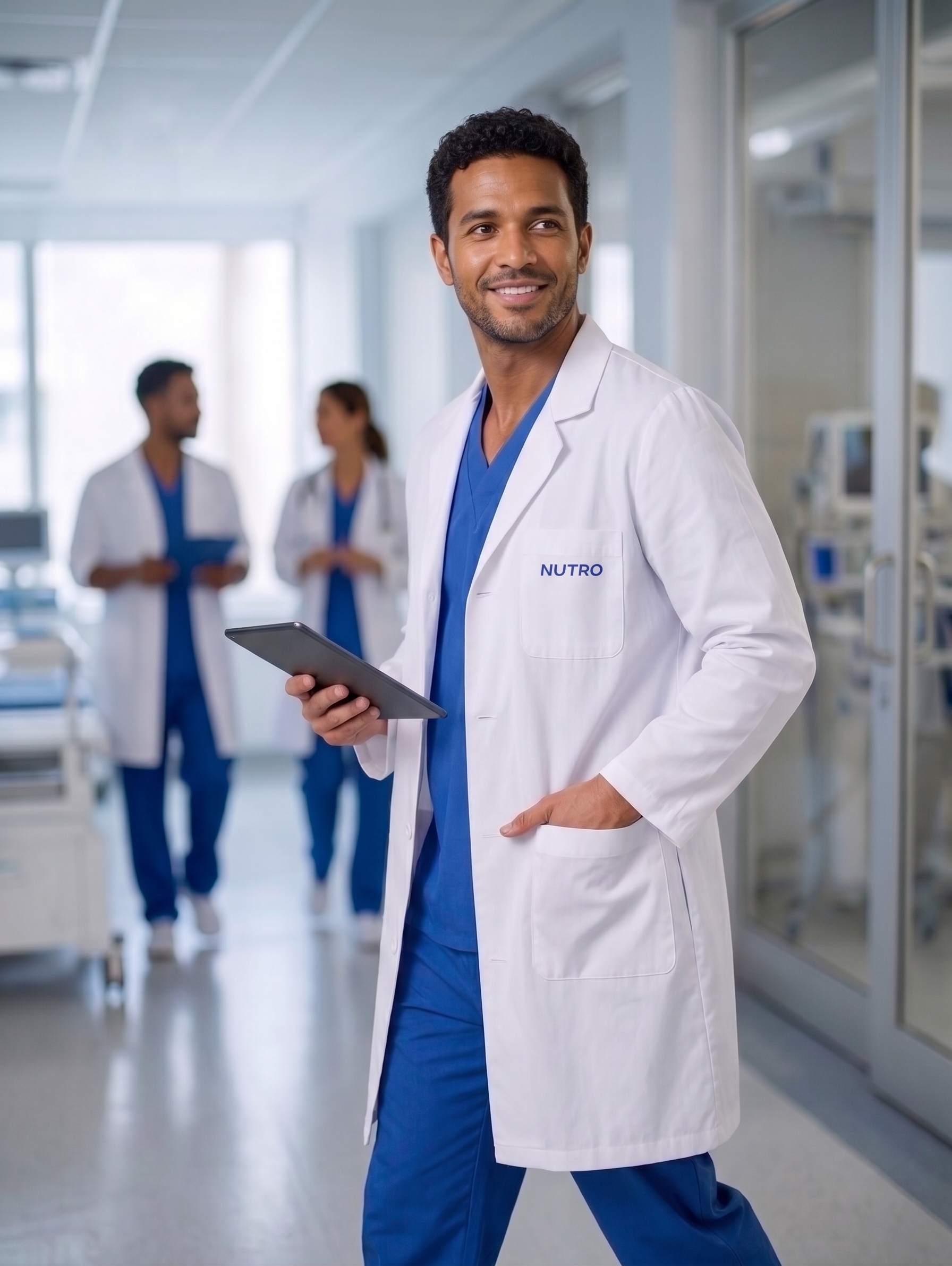 Profissional de saúde com jaleco NUTRO em ambiente hospitalar