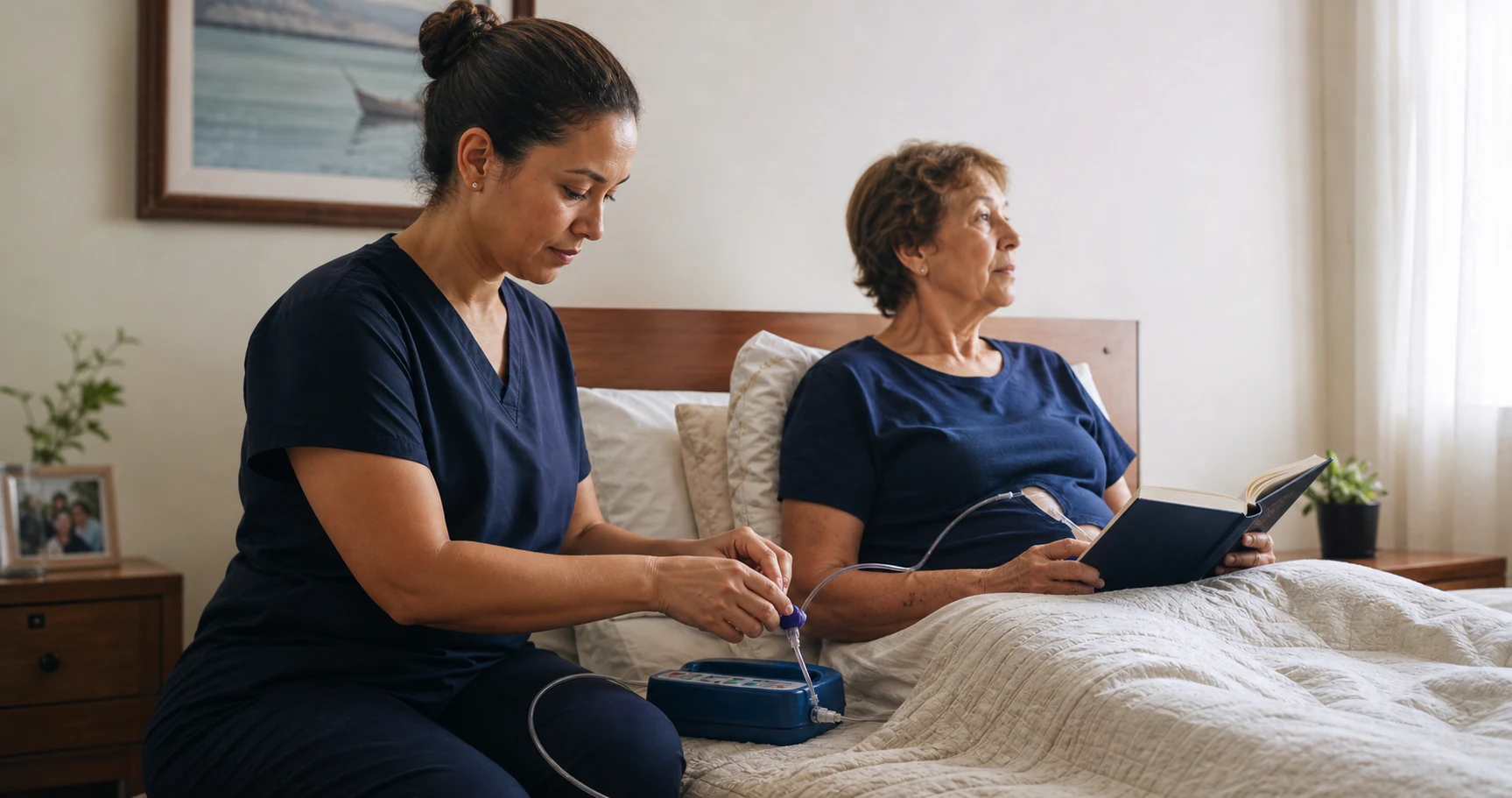 Profissional de home care ajusta equipamento de nutrição enteral ao lado de paciente idosa