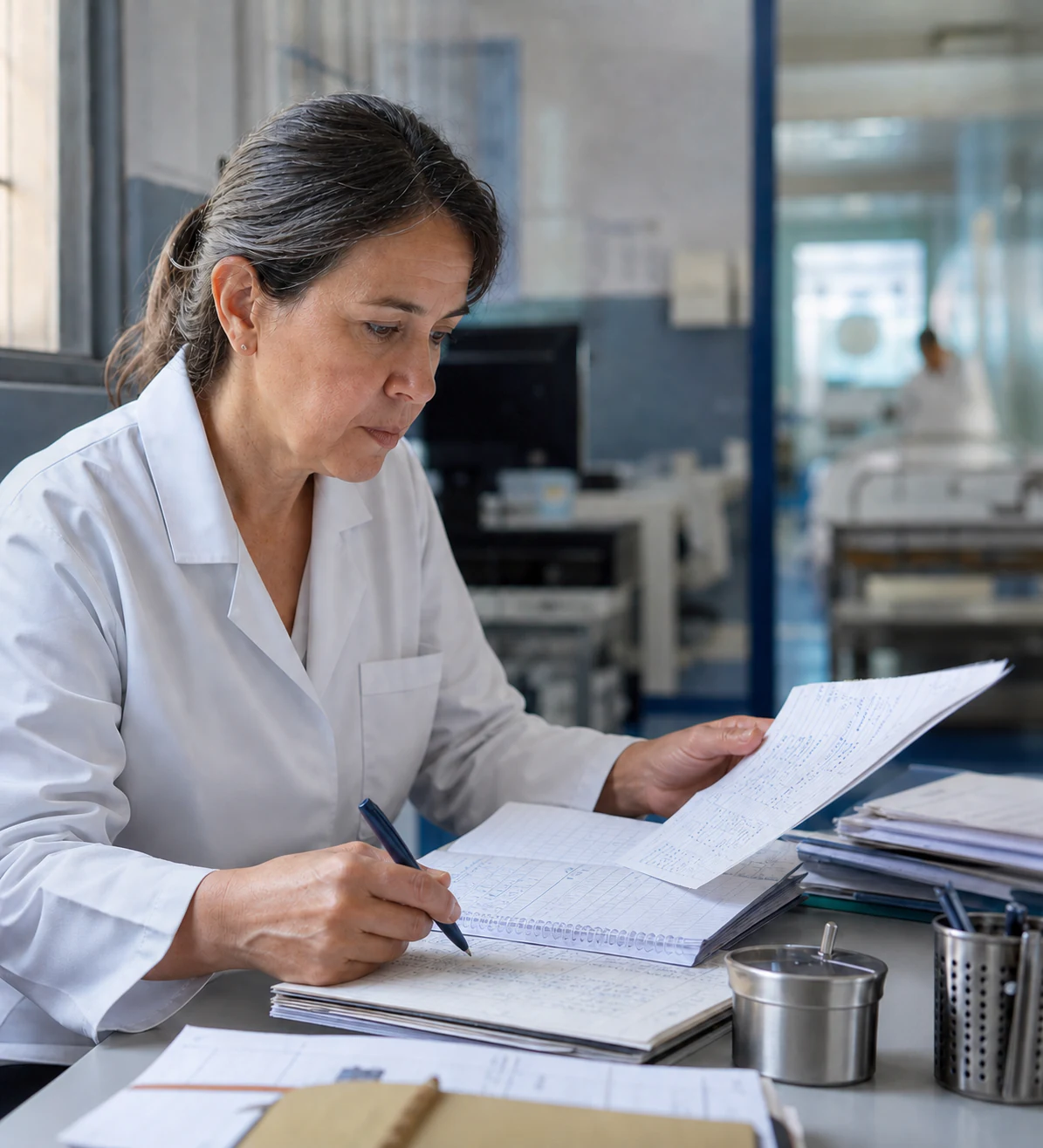 Profissional de nutrição clínica revisa registros e formulações em ambiente hospitalar