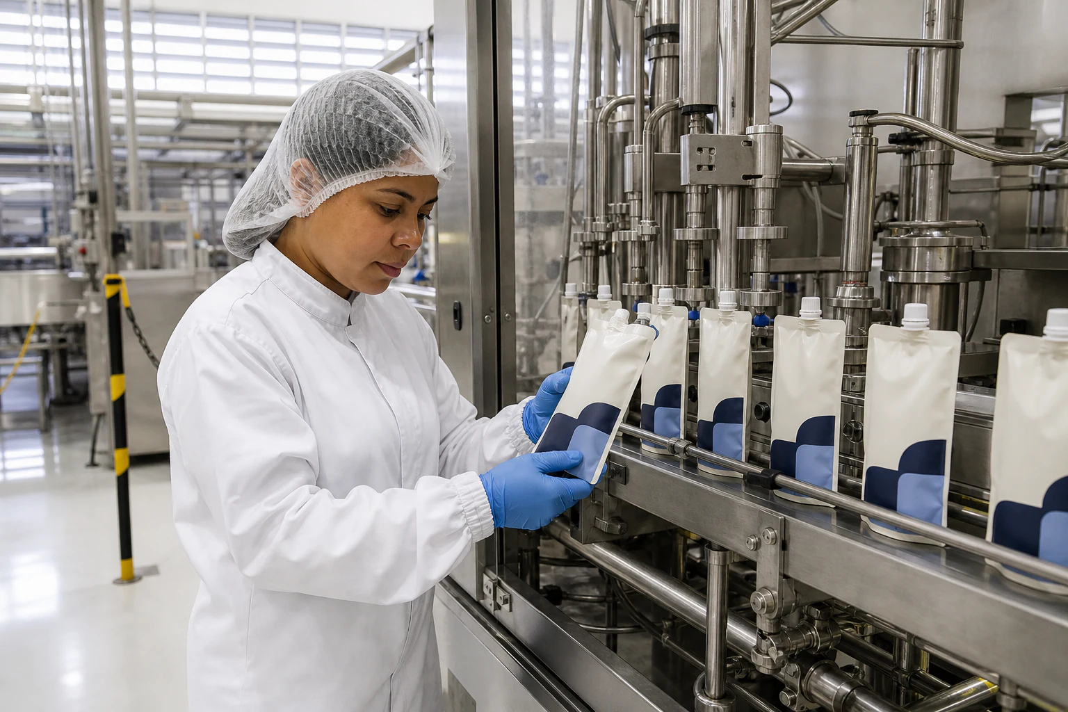 Técnica inspeciona embalagens na linha de produção de nutrição enteral